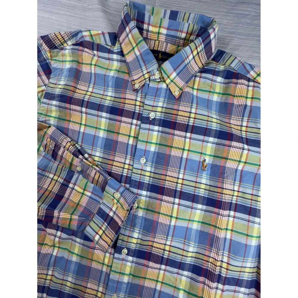 Polo Ralph Lauren Mens XL Plaid Button Down Shirt Blue Yellow Madras Oxford 709